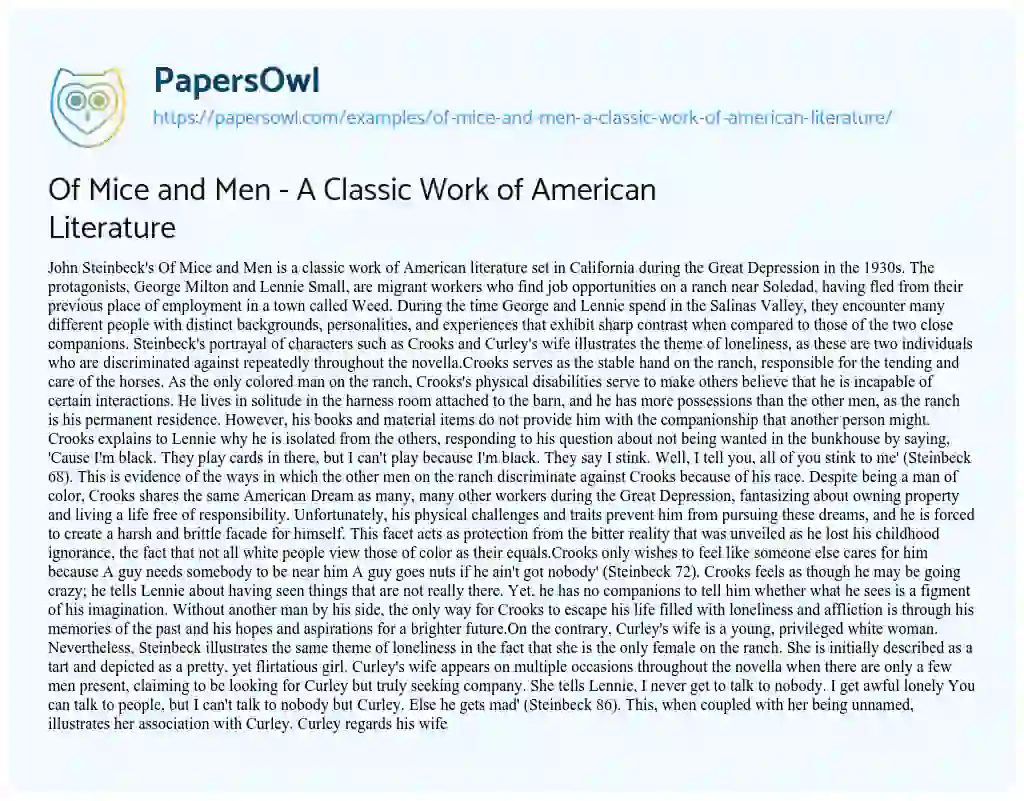 Essay on Of Mice and Men – a Classic Work of American Literature