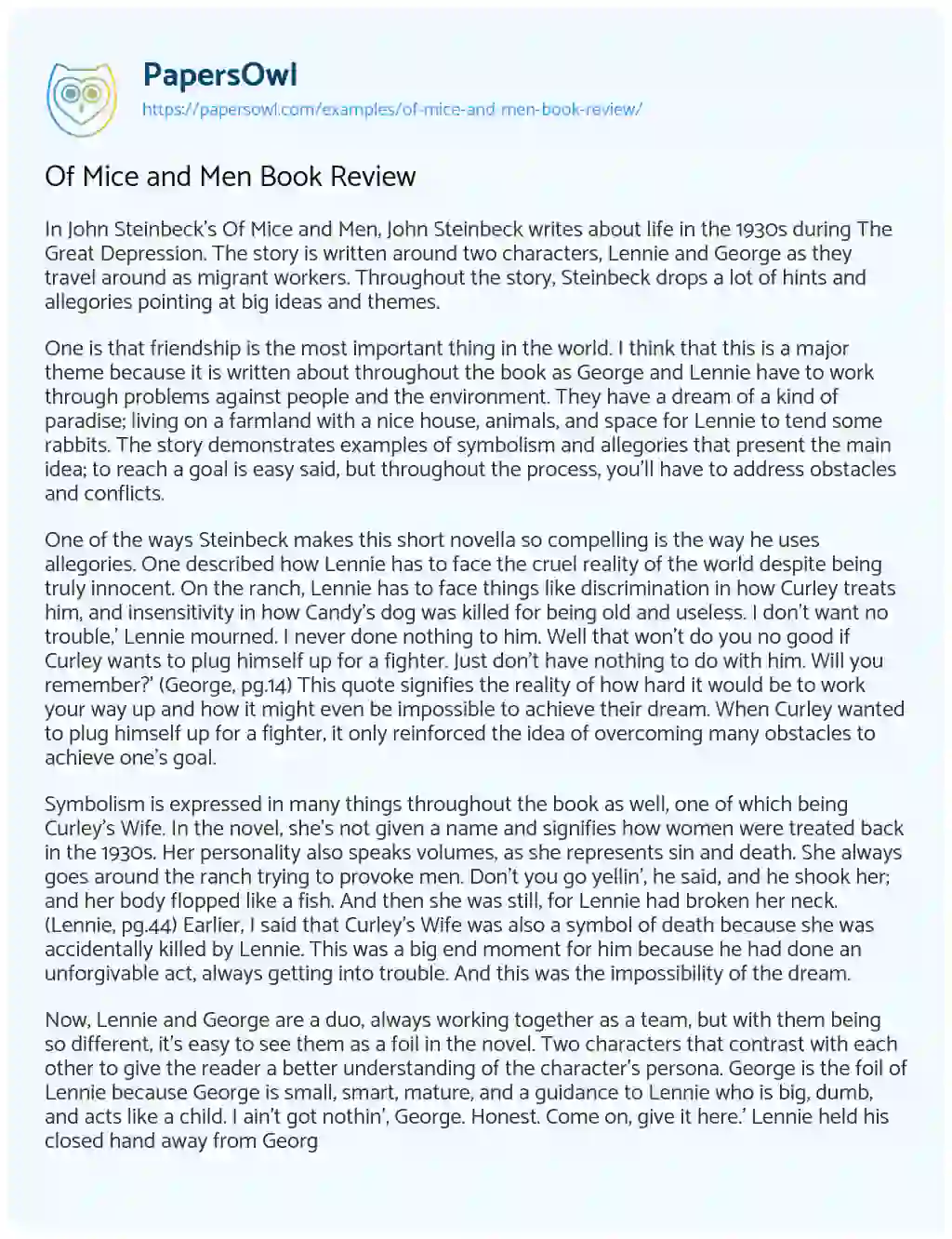 Essay on Of Mice and Men Book Review