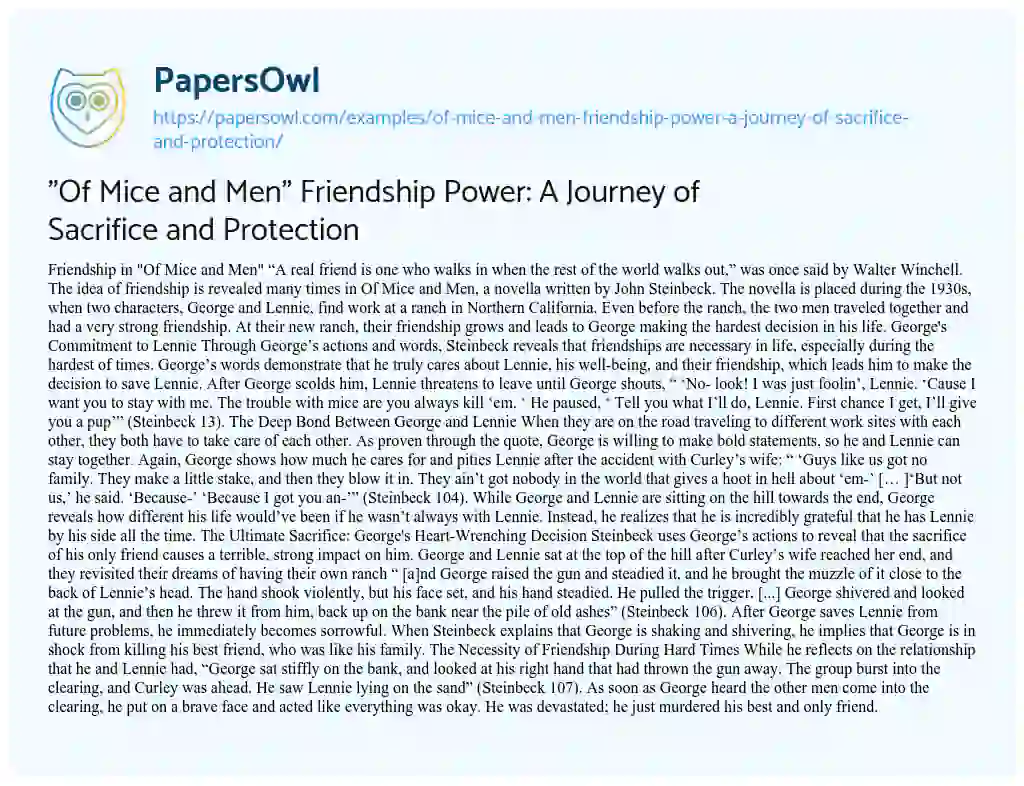 Essay on “Of Mice and Men” Friendship Power: a Journey of Sacrifice and Protection