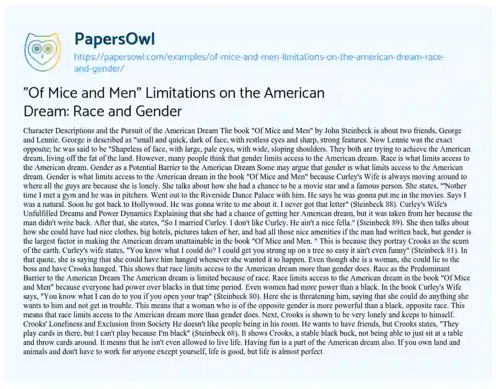 Essay on “Of Mice and Men” Limitations on the American Dream: Race and Gender