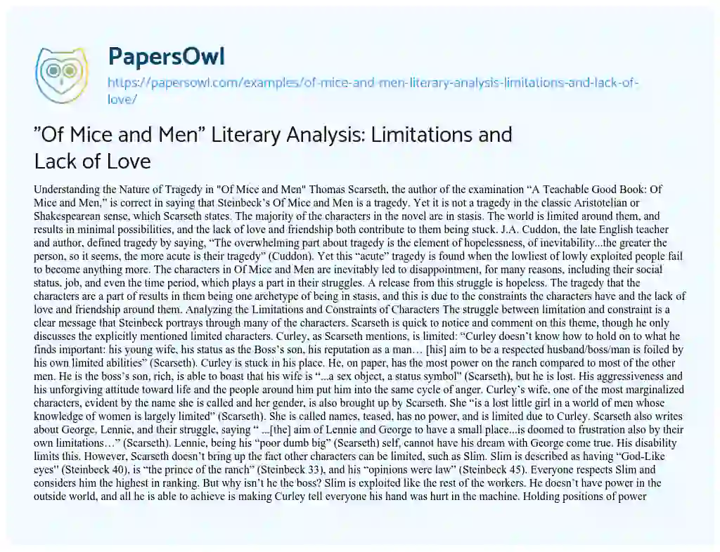 Essay on “Of Mice and Men” Literary Analysis: Limitations and Lack of Love