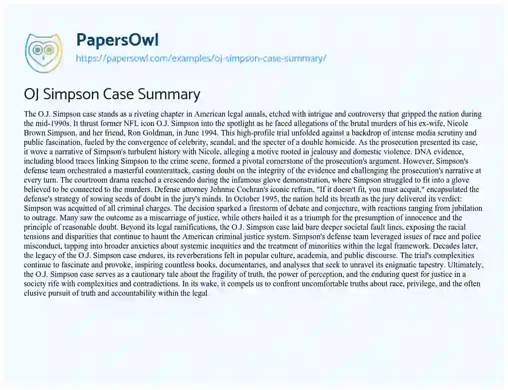 Essay on OJ Simpson Case Summary