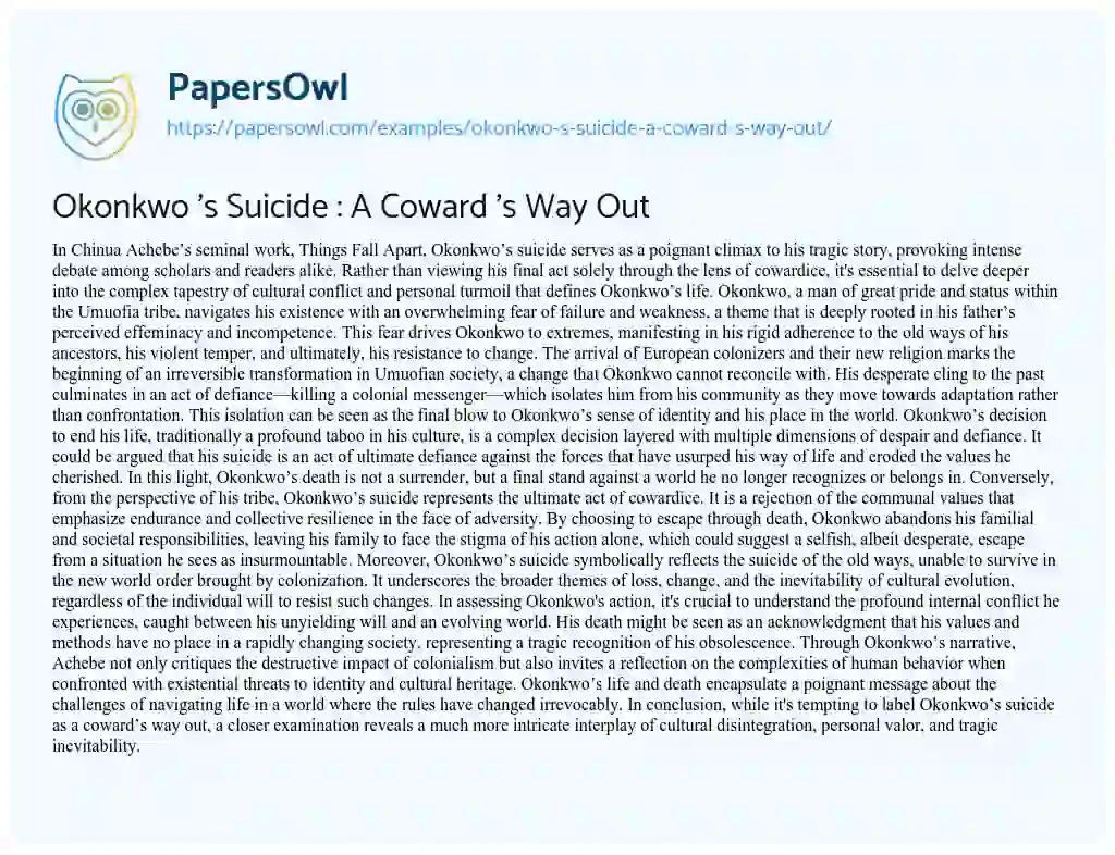 Essay on Okonkwo ‘s Suicide : a Coward ‘s Way out