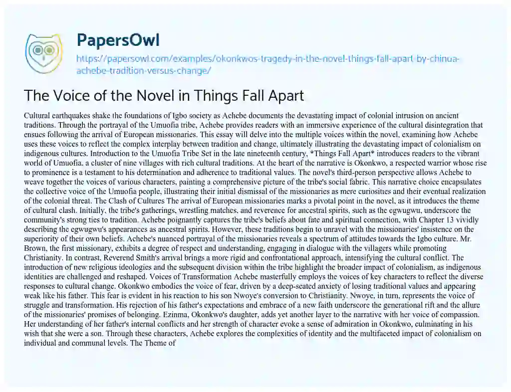 Essay on Okonkwo’s Tragedy in the Novel Things Fall Apart by Chinua Achebe: Tradition Versus Change