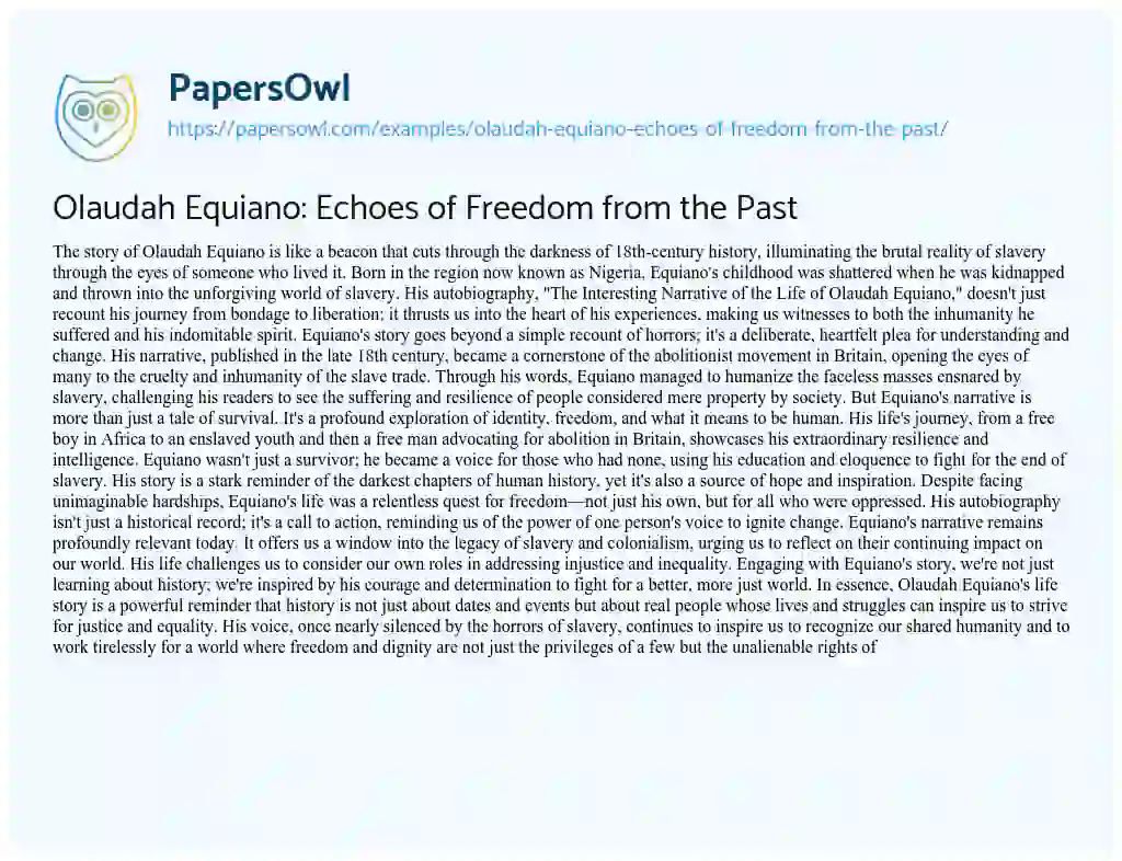 Essay on Olaudah Equiano: Echoes of Freedom from the Past