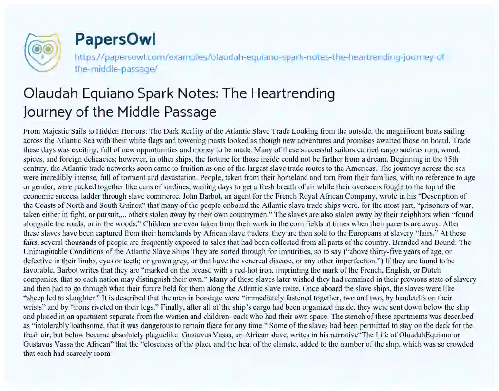 Essay on Olaudah Equiano Spark Notes: the Heartrending Journey of the Middle Passage