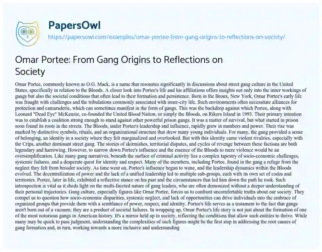 Essay on Omar Portee: from Gang Origins to Reflections on Society