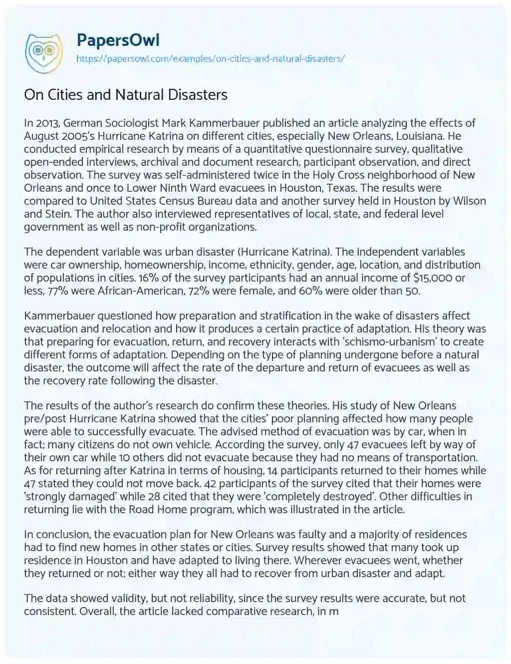 Essay on On Cities and Natural Disasters