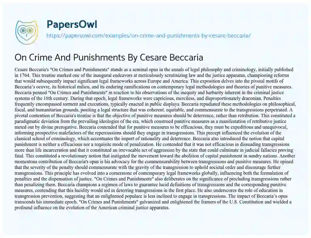 Essay on On Crime and Punishments by Cesare Beccaria