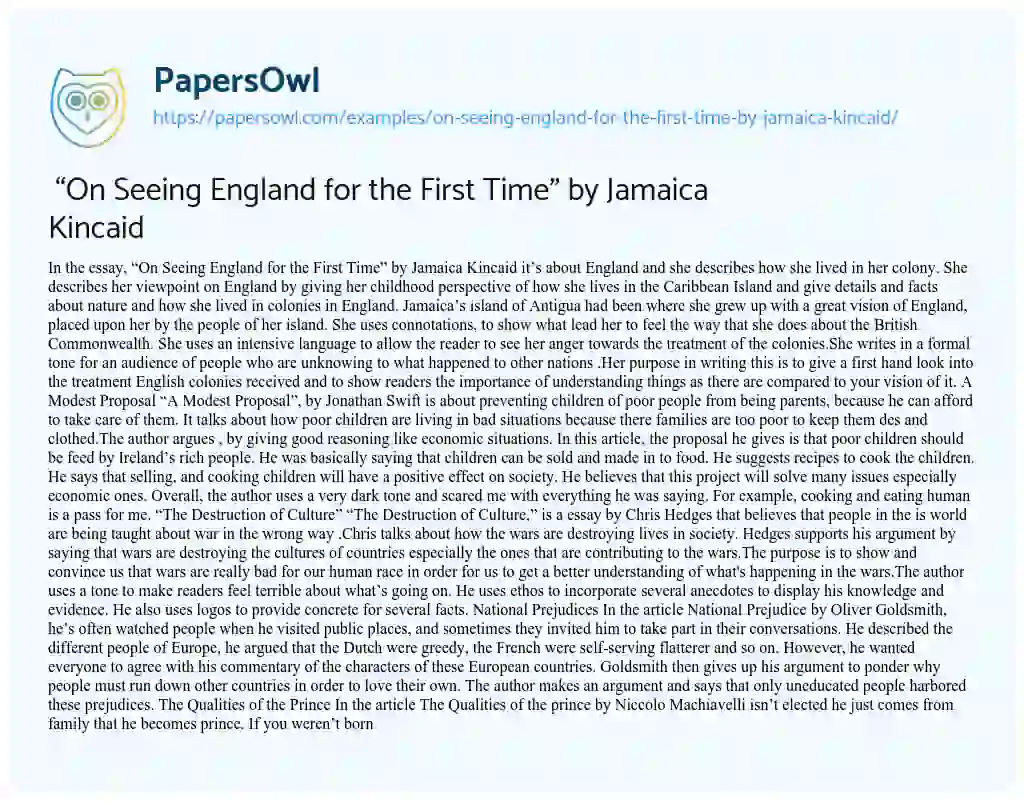 Essay on  “On Seeing England for the First Time” by Jamaica Kincaid
