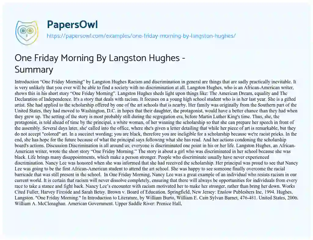 One Friday Morning by Langston Hughes – Summary essay