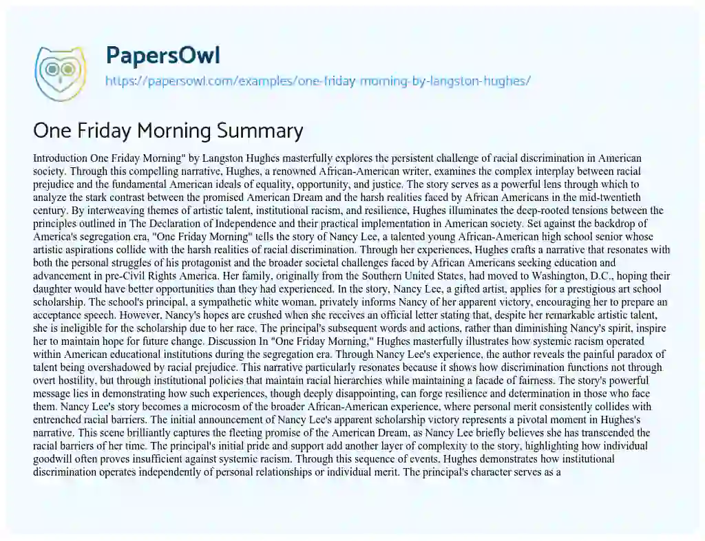 Essay on One Friday Morning by Langston Hughes – Summary