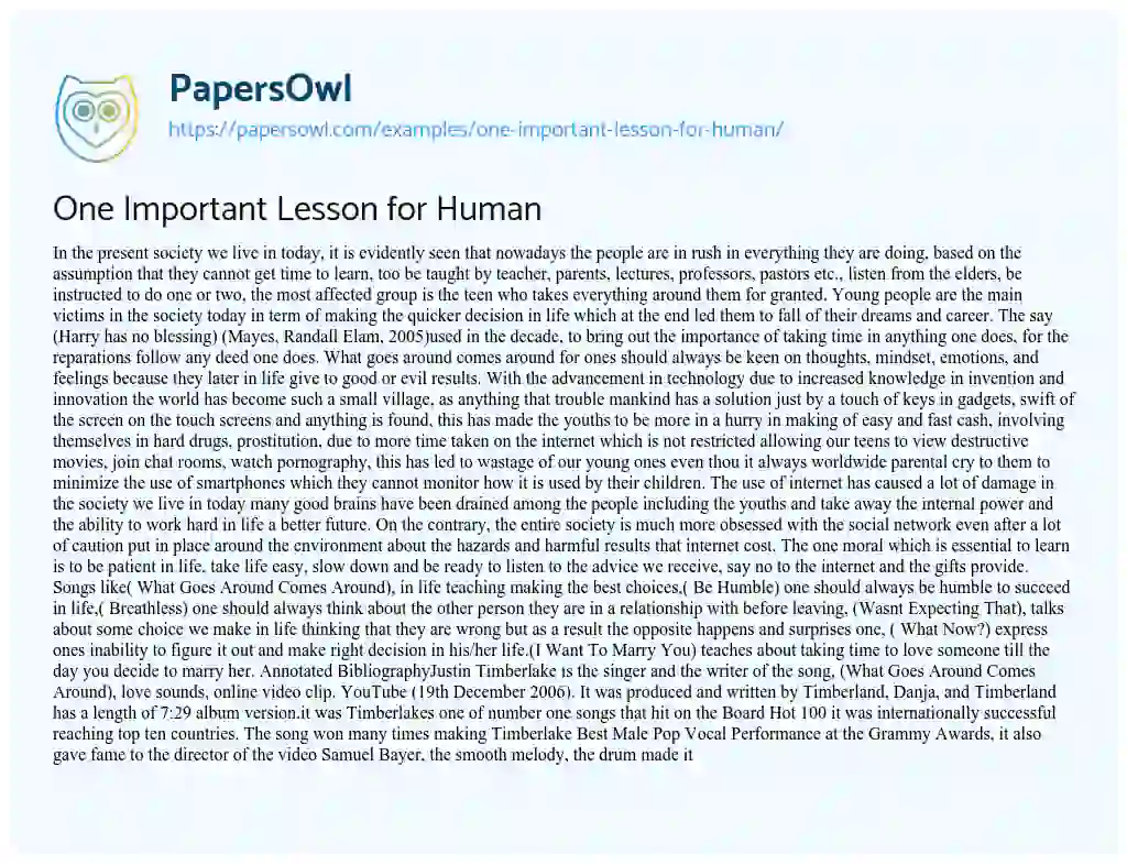 Essay on One Important Lesson for Human