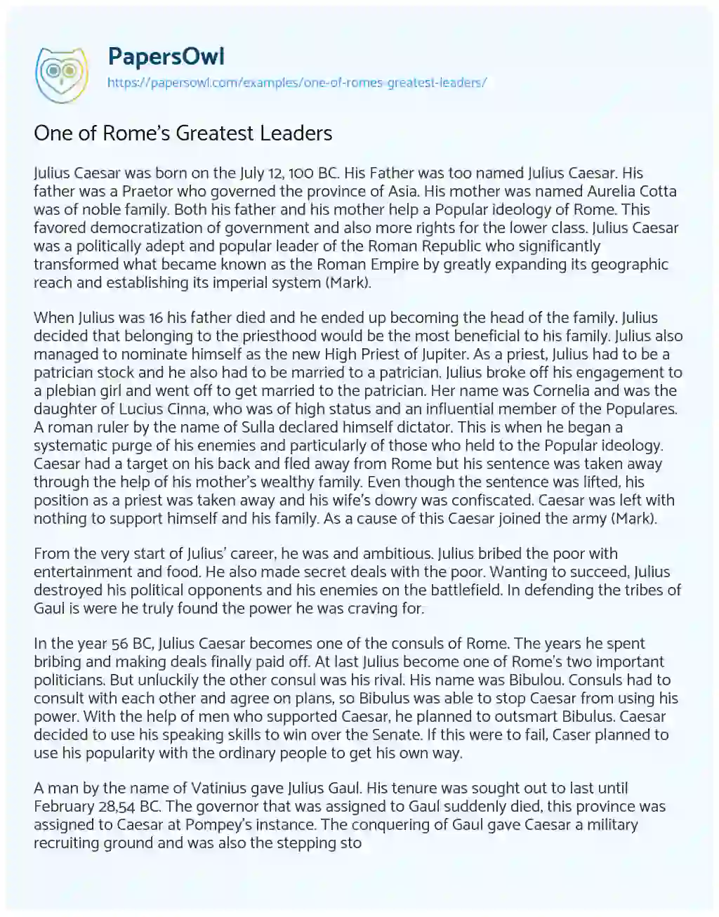 Essay on One of Rome’s Greatest Leaders