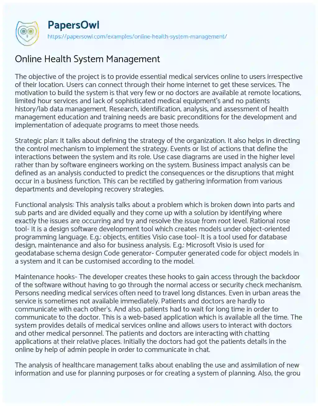 Essay on Online Health System Management