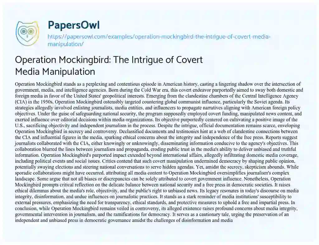 Essay on Operation Mockingbird: the Intrigue of Covert Media Manipulation