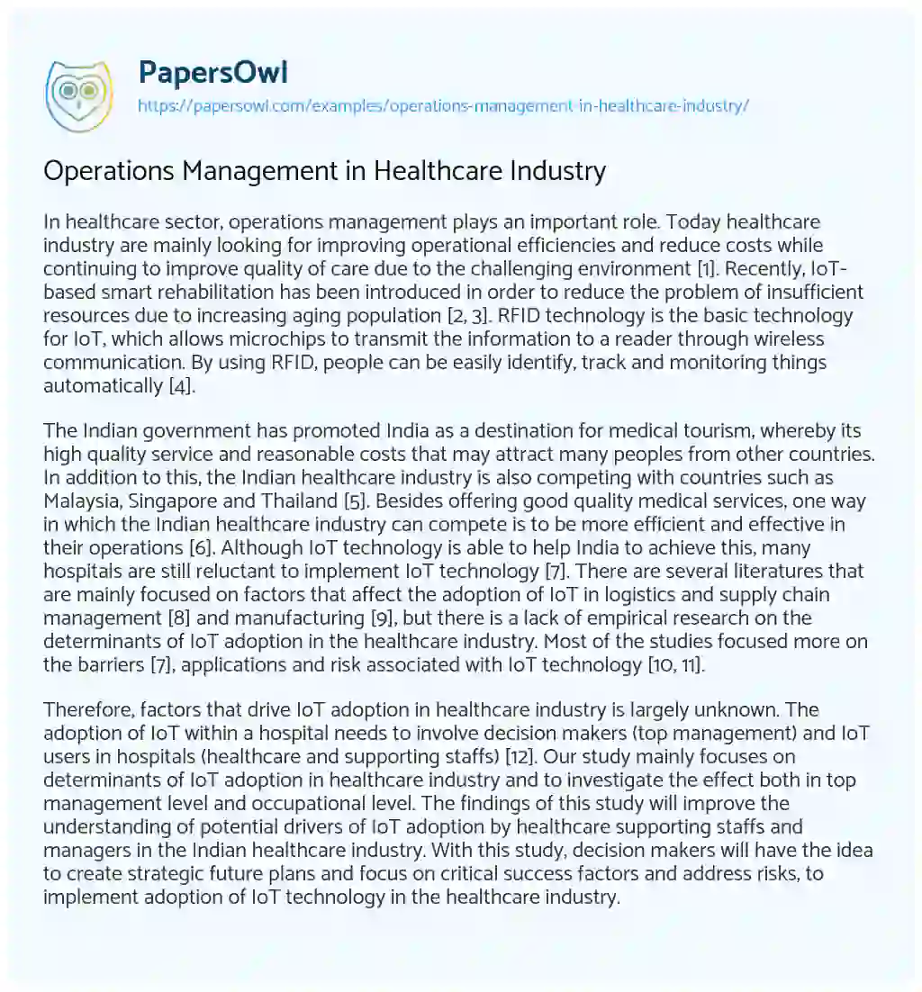 Operations Management in Healthcare Industry essay