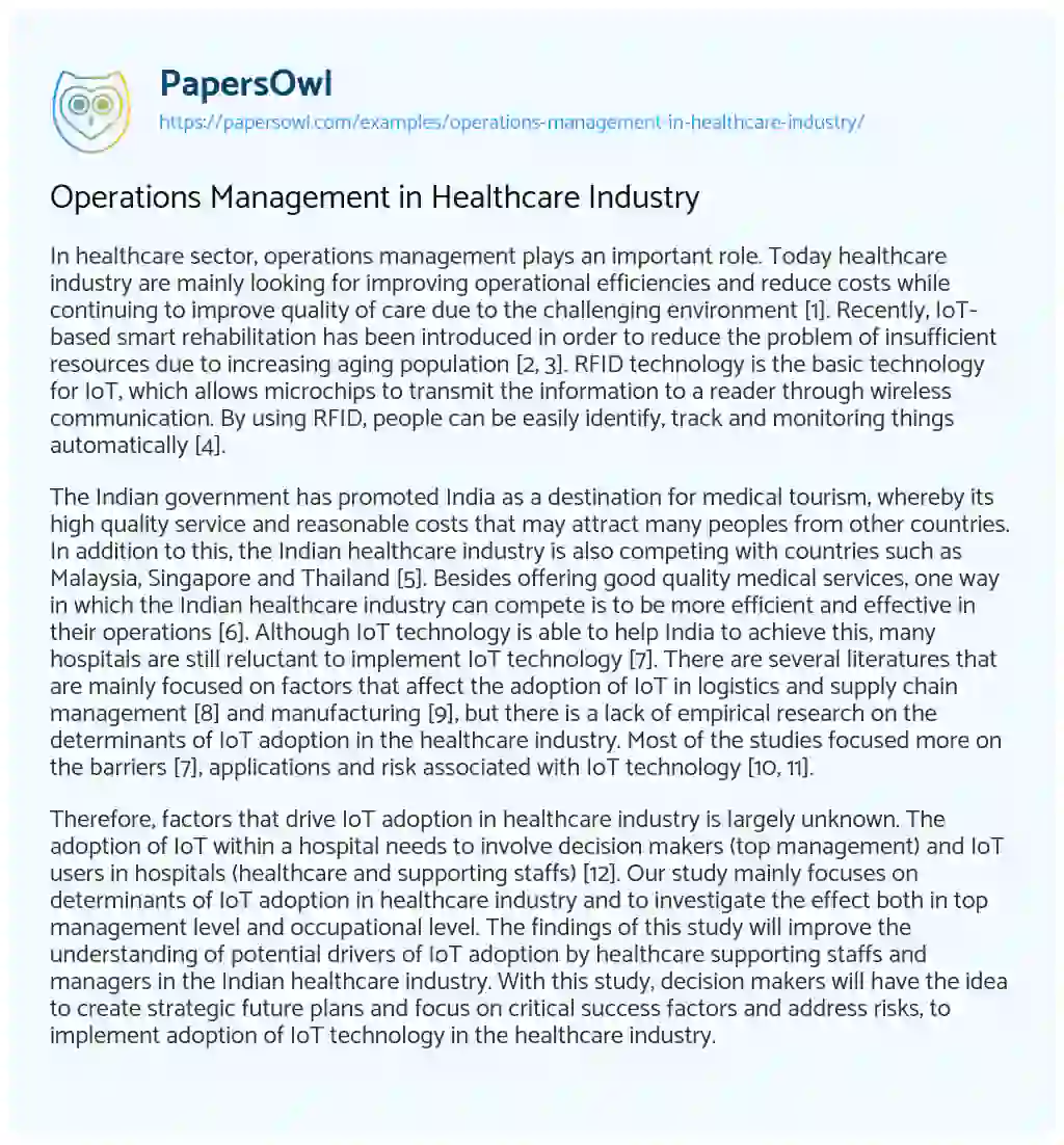 Essay on Operations Management in Healthcare Industry