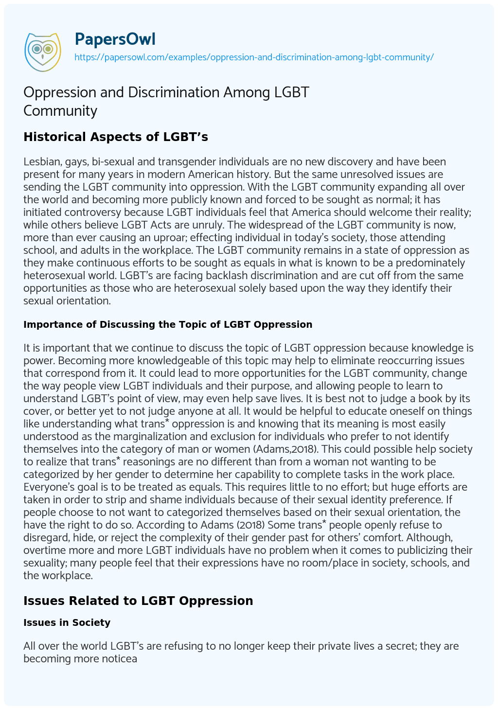 Essay on Oppression and Discrimination Among LGBT Community