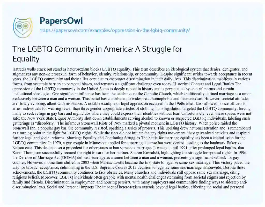 Essay on Oppression in the LGBTQ Community