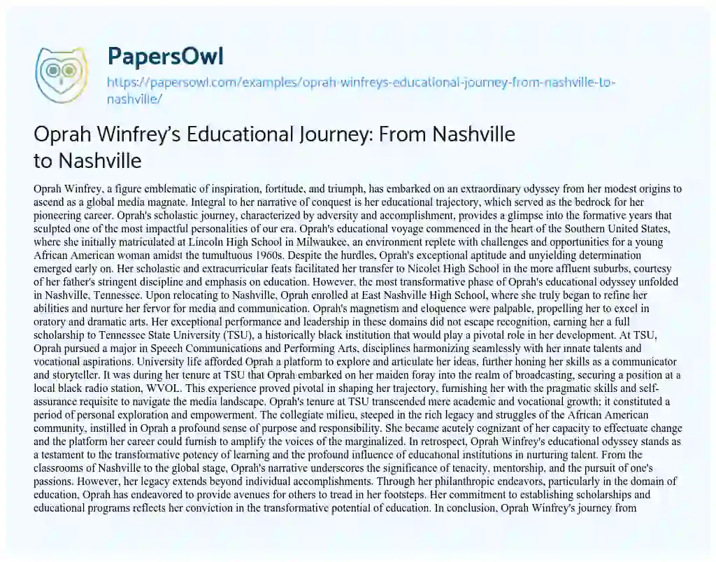 Essay on Oprah Winfrey’s Educational Journey: from Nashville to Nashville