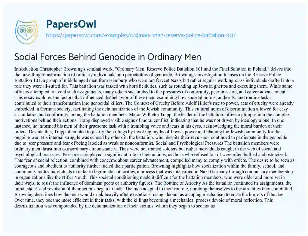 Essay on Ordinary Men: Reserve Police Battalion 101