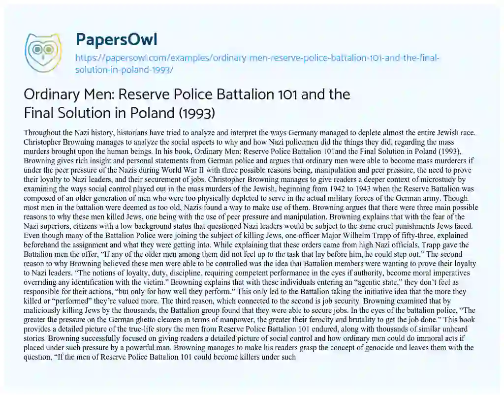 Essay on Ordinary Men: Reserve Police Battalion 101 and the Final Solution in Poland (1993)