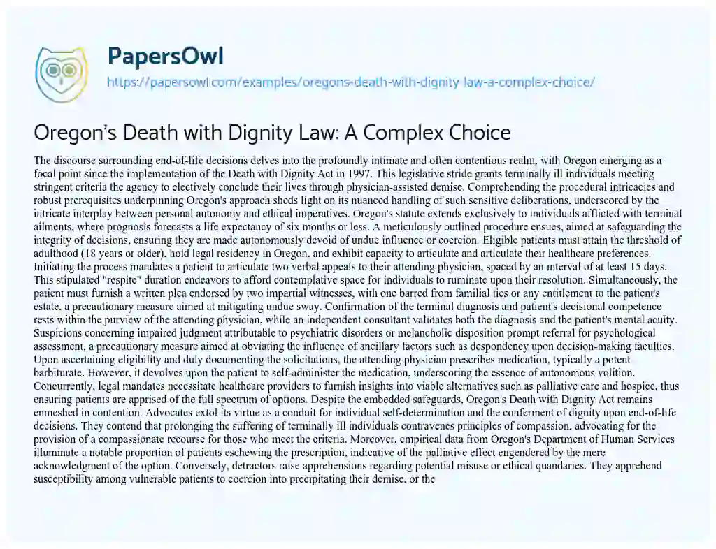 Essay on Oregon’s Death with Dignity Law: a Complex Choice