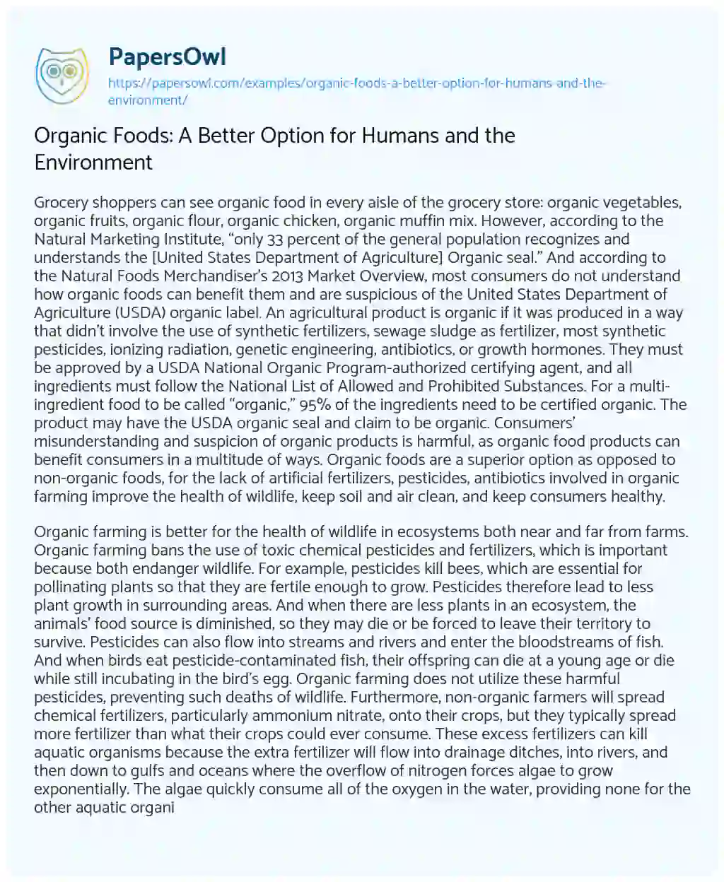 Essay on Organic Foods: a Better Option for Humans and the Environment 