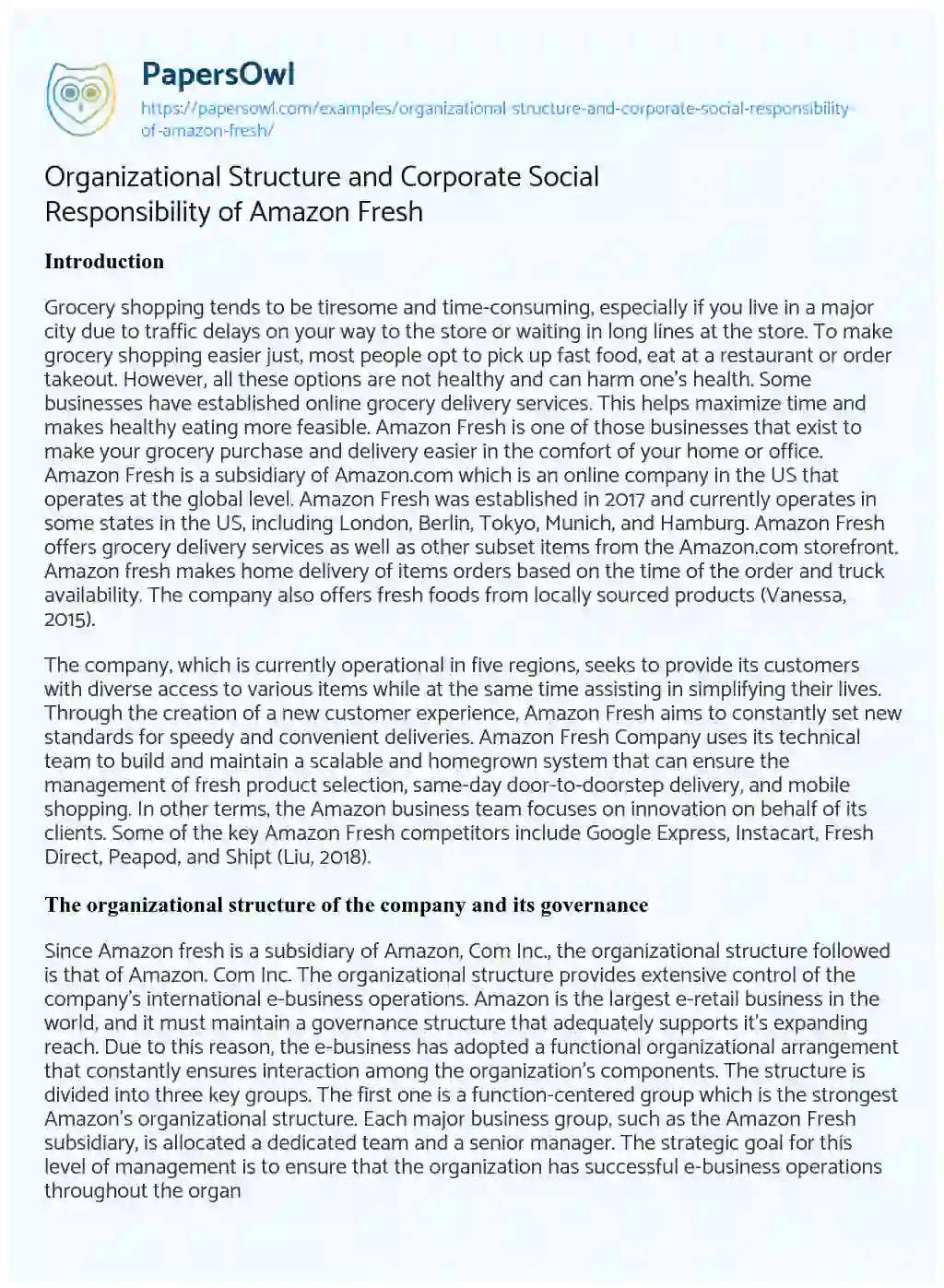 Essay on Organizational Structure and Corporate Social Responsibility of Amazon Fresh