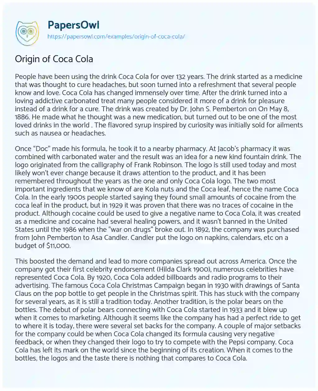 Essay on Origin of Coca Cola