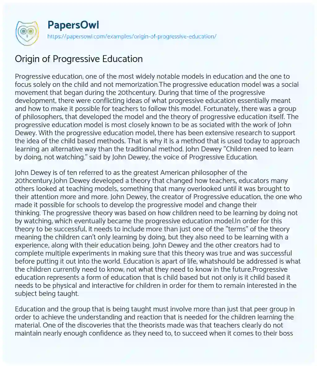 Origin Of Progressive Education essay