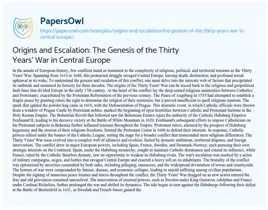 Essay on Origins and Escalation: the Genesis of the Thirty Years’ War in Central Europe