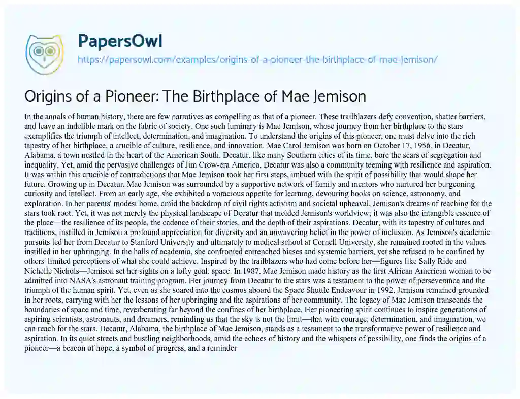 Essay on Origins of a Pioneer: the Birthplace of Mae Jemison