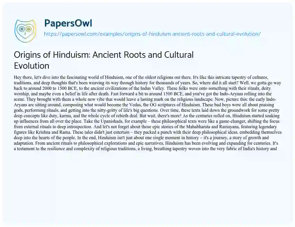 Essay on Origins of Hinduism: Ancient Roots and Cultural Evolution