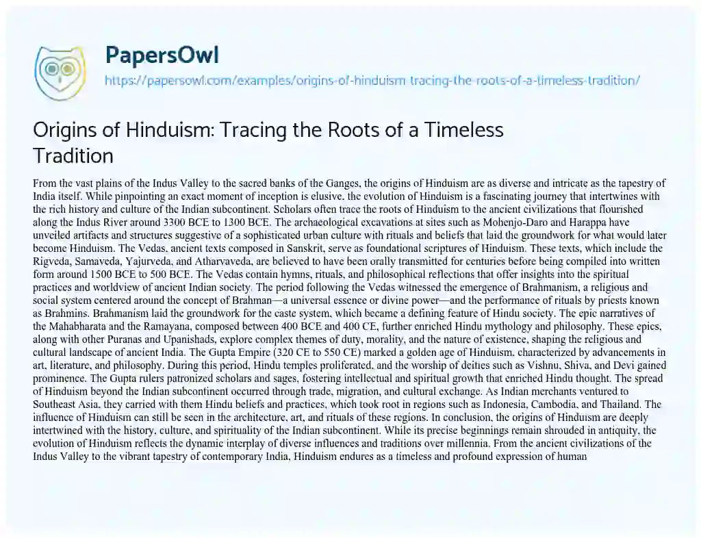 Essay on Origins of Hinduism: Tracing the Roots of a Timeless Tradition