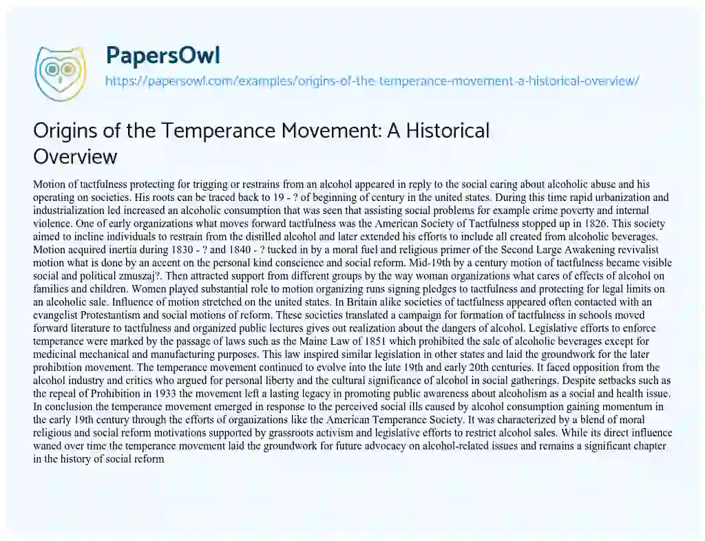 Essay on Origins of the Temperance Movement: a Historical Overview