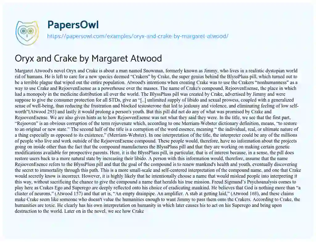 Oryx and Crake by Margaret Atwood essay