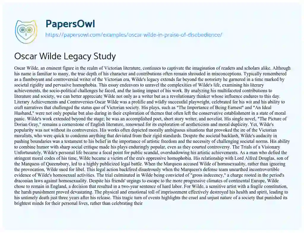 Essay on Oscar Wilde: ‘In Praise of Disobedience’