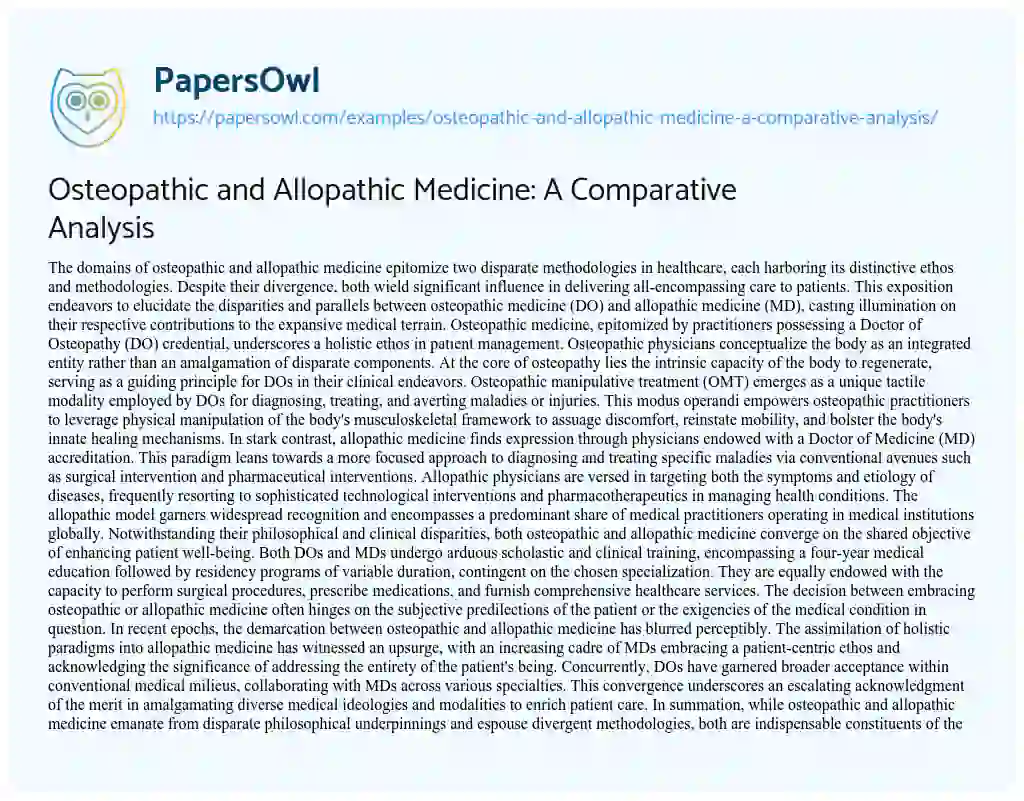 Essay on Osteopathic and Allopathic Medicine: a Comparative Analysis