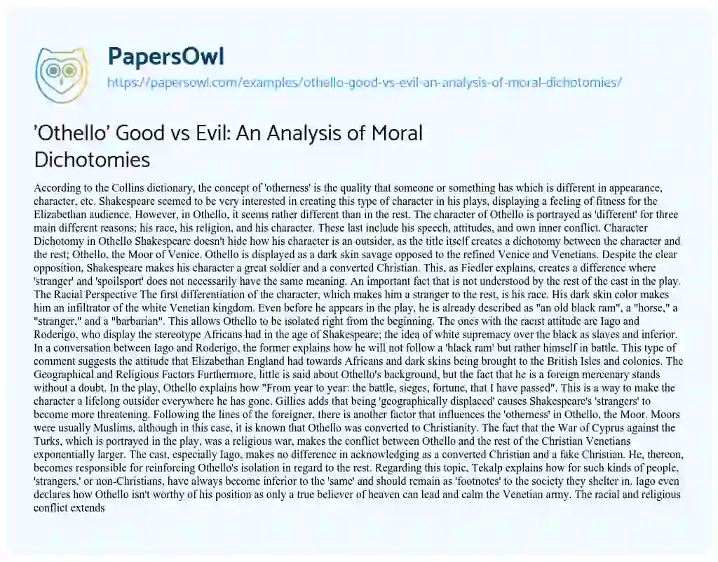 Essay on ‘Othello’ Good Vs Evil: an Analysis of Moral Dichotomies