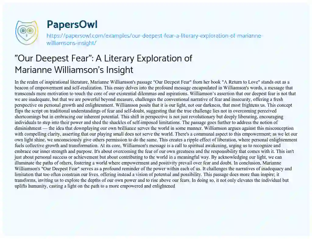 Essay on “Our Deepest Fear”: a Literary Exploration of Marianne Williamson’s Insight