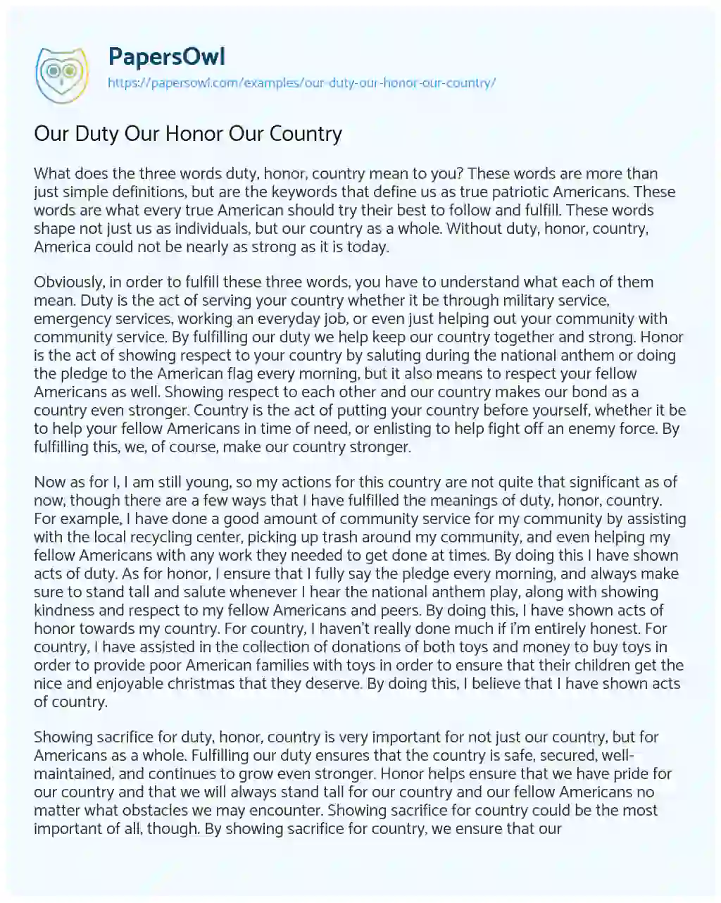 Essay on Our Duty our Honor our Country