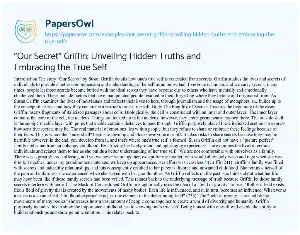 Essay on “Our Secret” Griffin: Unveiling Hidden Truths and Embracing the True Self