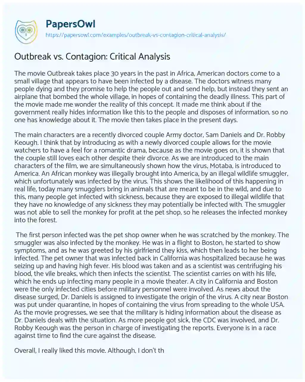 Essay on Outbreak Vs. Contagion: Critical Analysis