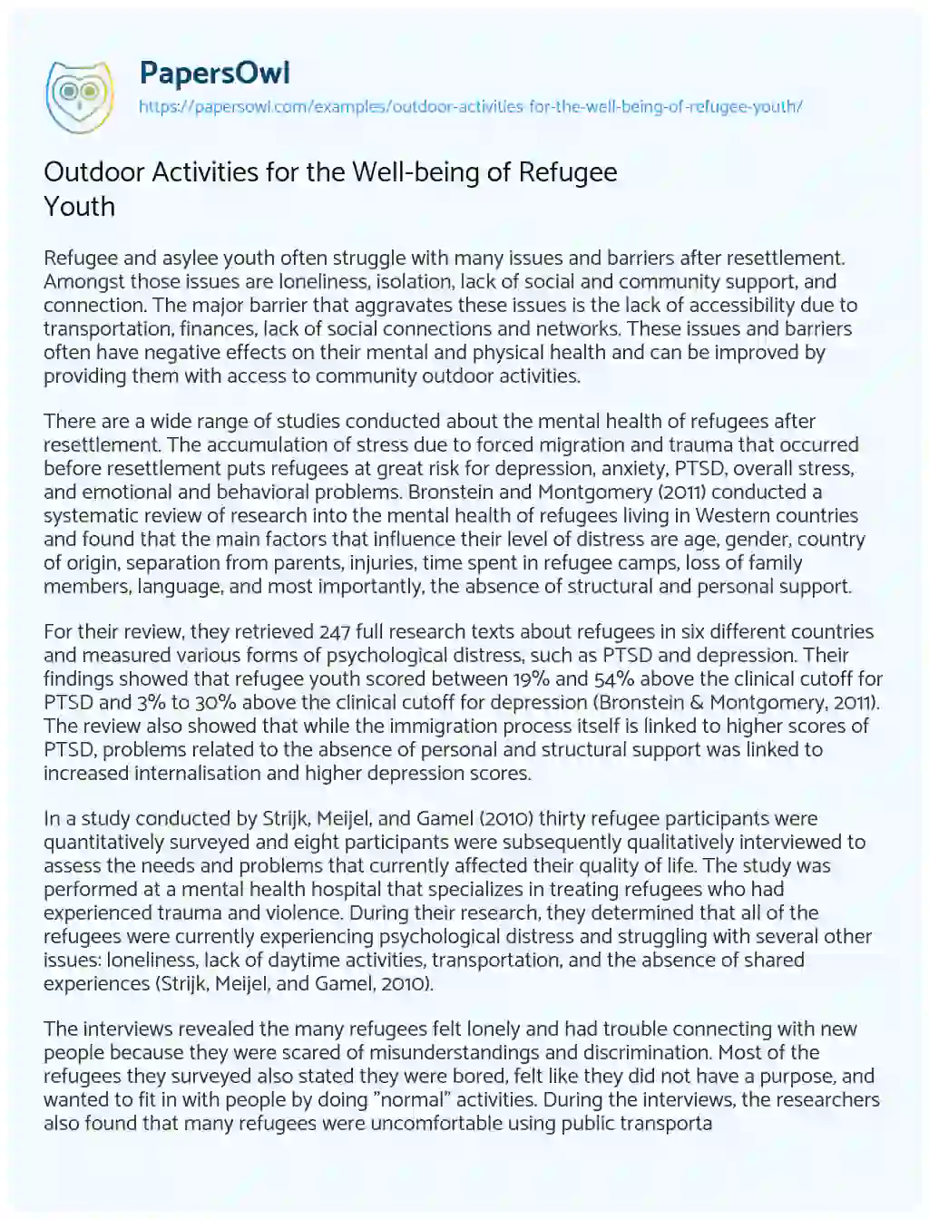 Essay on Outdoor Activities for the Well-being of Refugee Youth