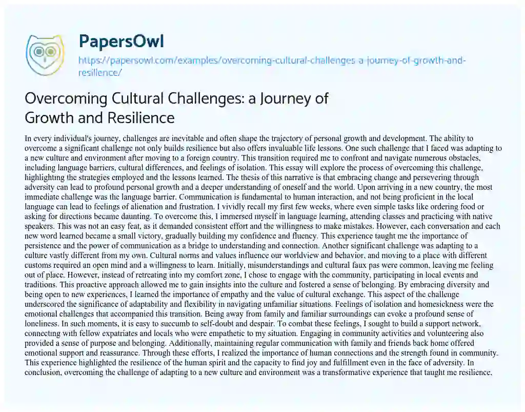 Essay on Overcoming Cultural Challenges: a Journey of Growth and Resilience