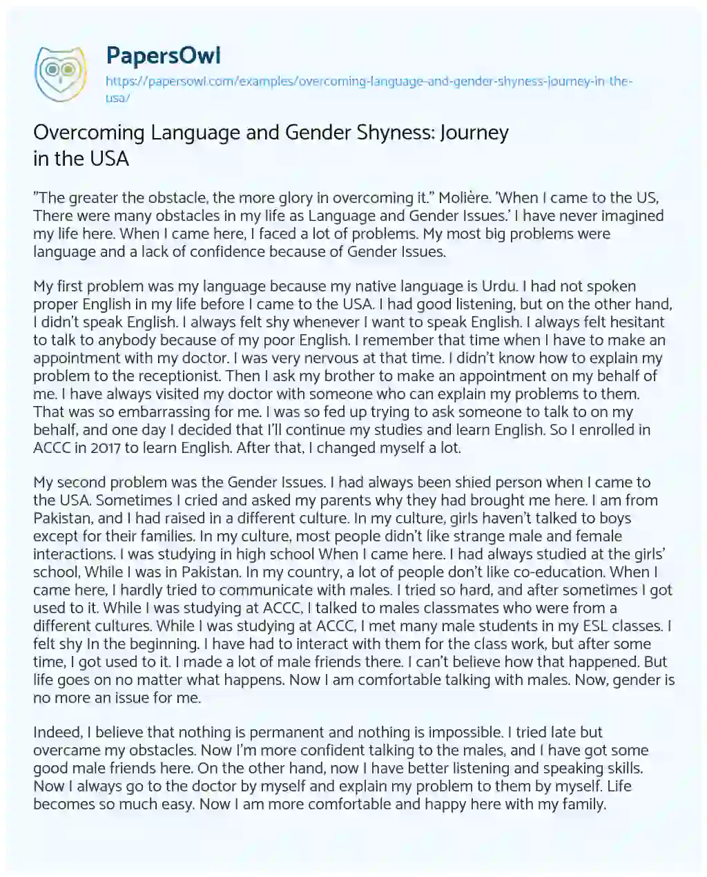 Essay on Overcoming Language and Gender Shyness: Journey in the USA