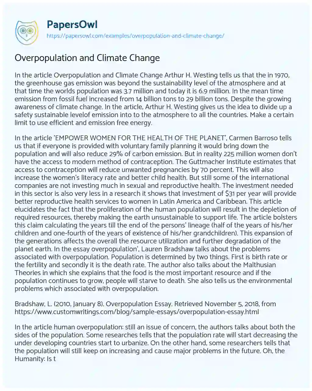 Essay on Overpopulation and Climate Change