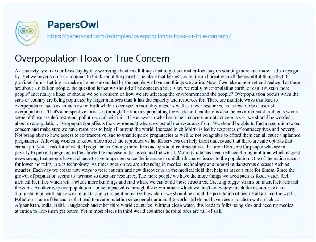 Overpopulation Hoax or True Concern essay